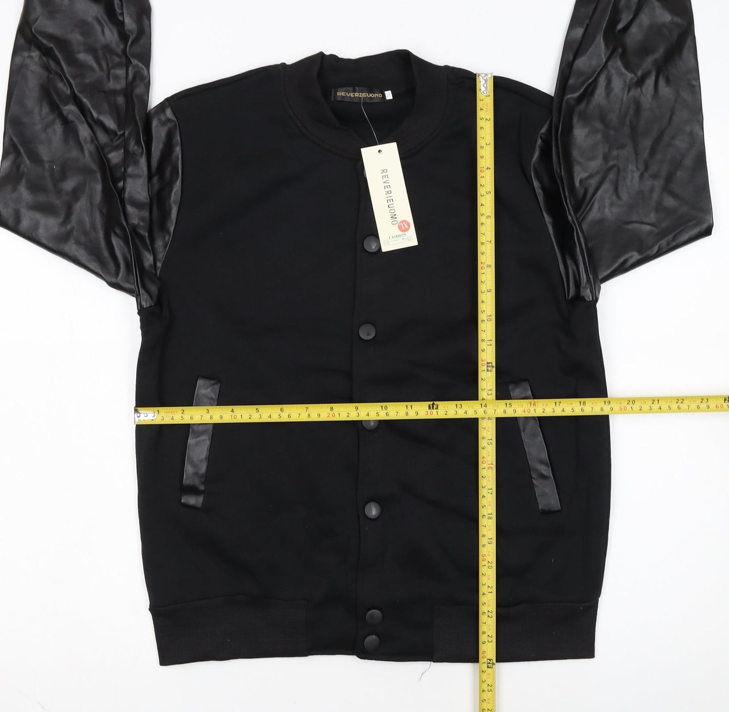 Reverieuomo Unisex Black XL Varsity Jacket Faux Leather Sleeves