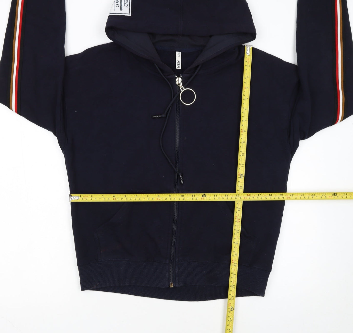 M&M Womens Navy Full Zip Hoodie L/XL Cotton Blend Stripe Trim