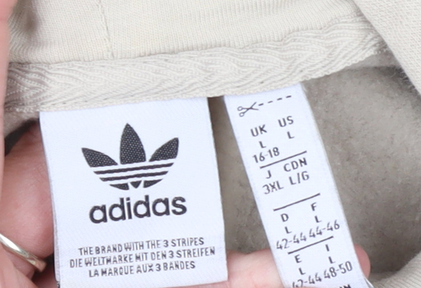 Adidas Women Beige Hooded Pullover Sweatshirt L 16-18 Logo Design