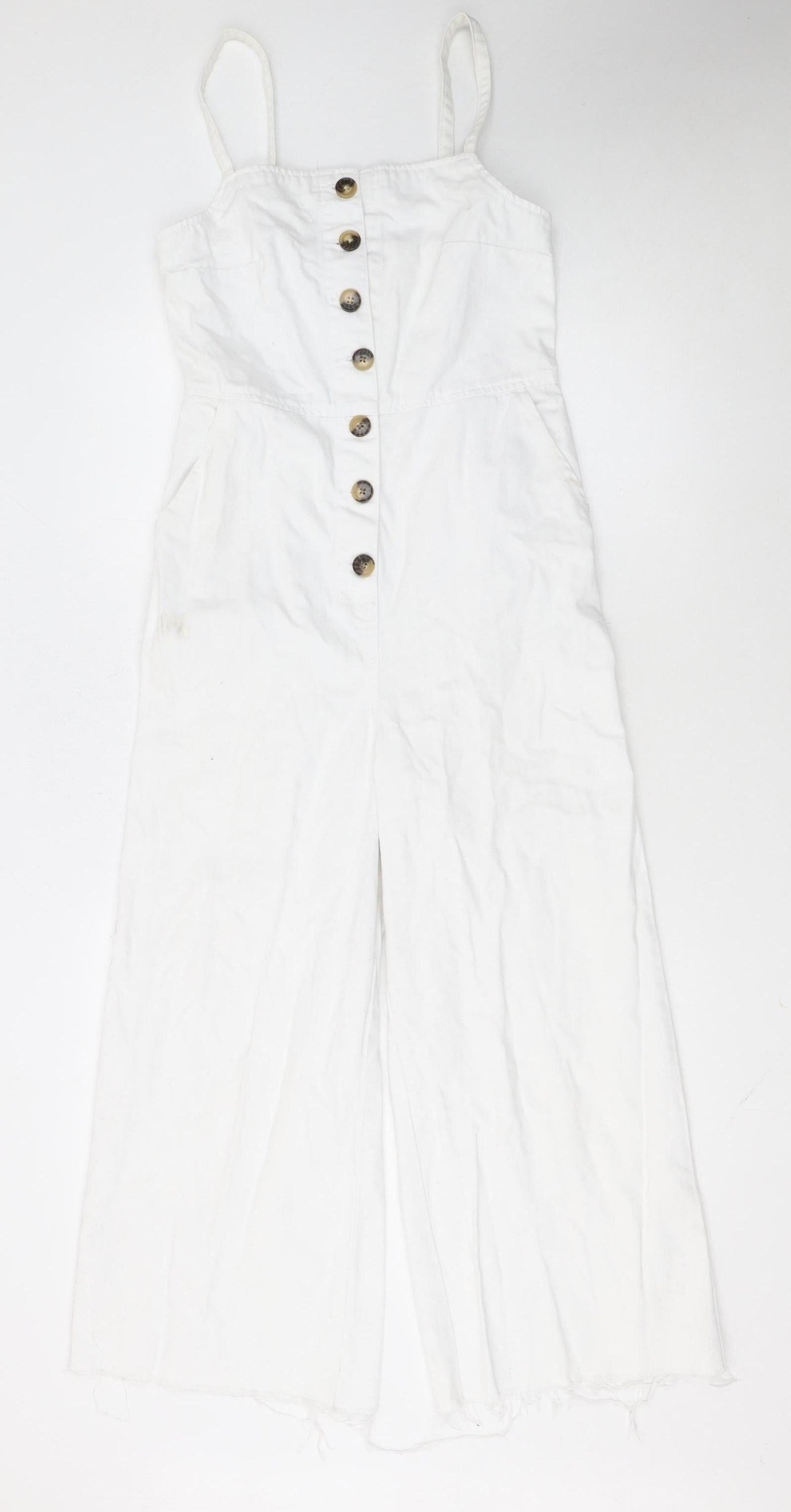 Topshop Women’s White Linen Blend Button Front Wide-Leg Jumpsuit UK 8