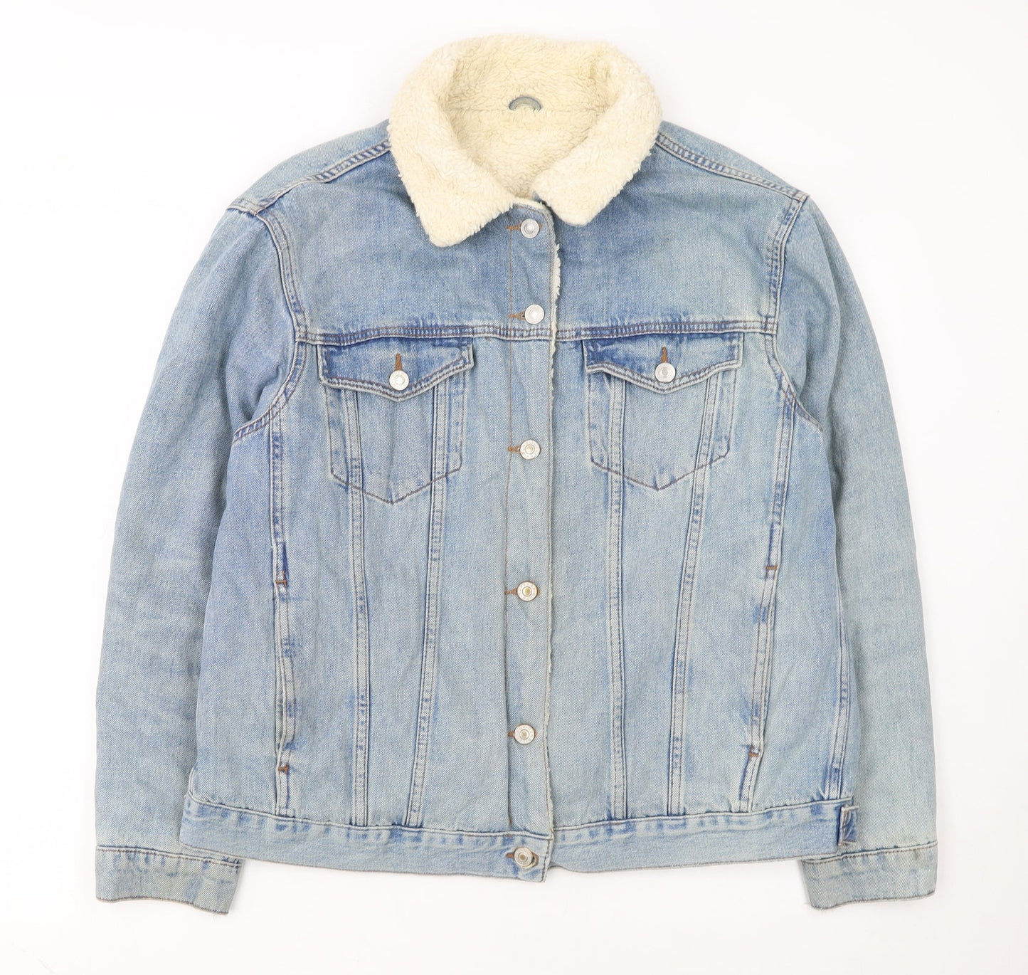 Topshop Women's Blue Denim Shearling Lined Jacket Size 16
