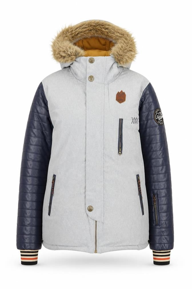 Picture Women's Grey Faux Leather Sleeve Hooded Puffer Jacket M