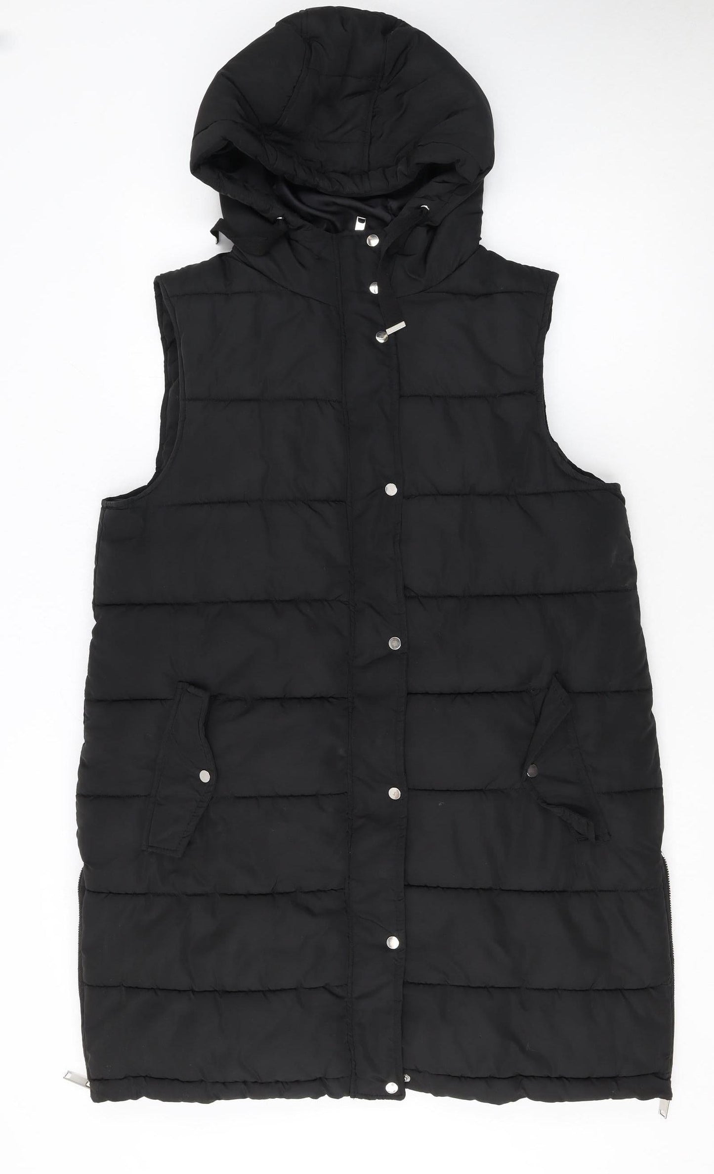 M&Co Women's Black Puffer Hooded Long Waistcoat Size 14