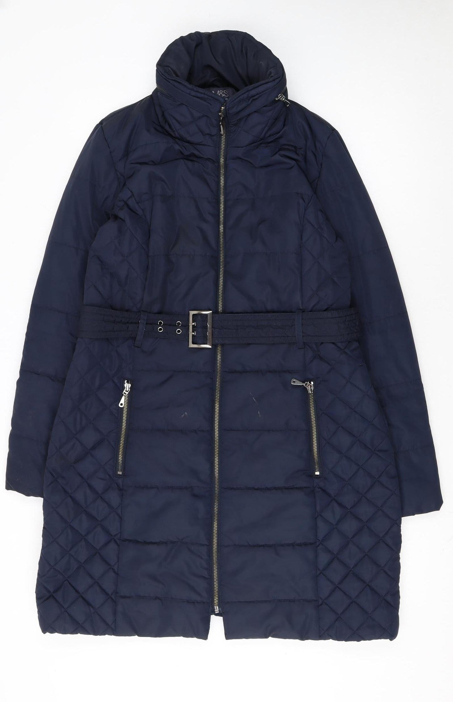 Marks and Spencer Women's Blue Quilted Belted Mid-Length Puffer Coat Size M