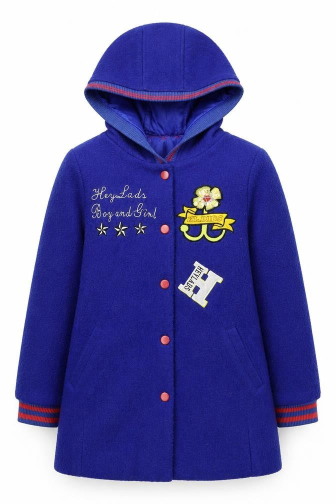 Heylads Girls Blue Wool Blend Hooded Parka Coat Size 146 Embroidered