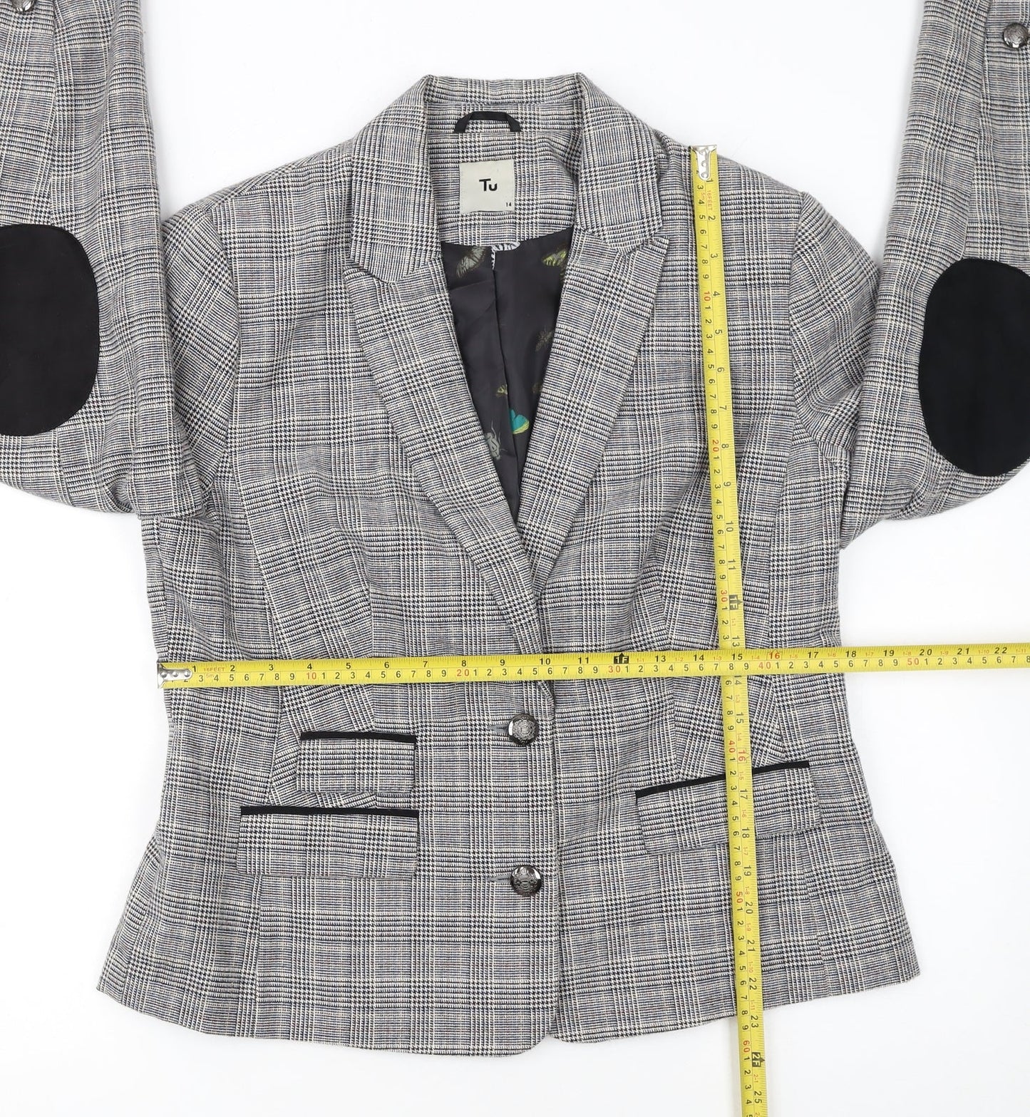 Tu Women Grey Check Single-Breasted Suit Jacket Size 14