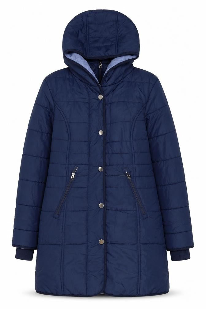 Cotton Traders Women's Blue Size 10 Long Hooded Quilted Puffer Coat