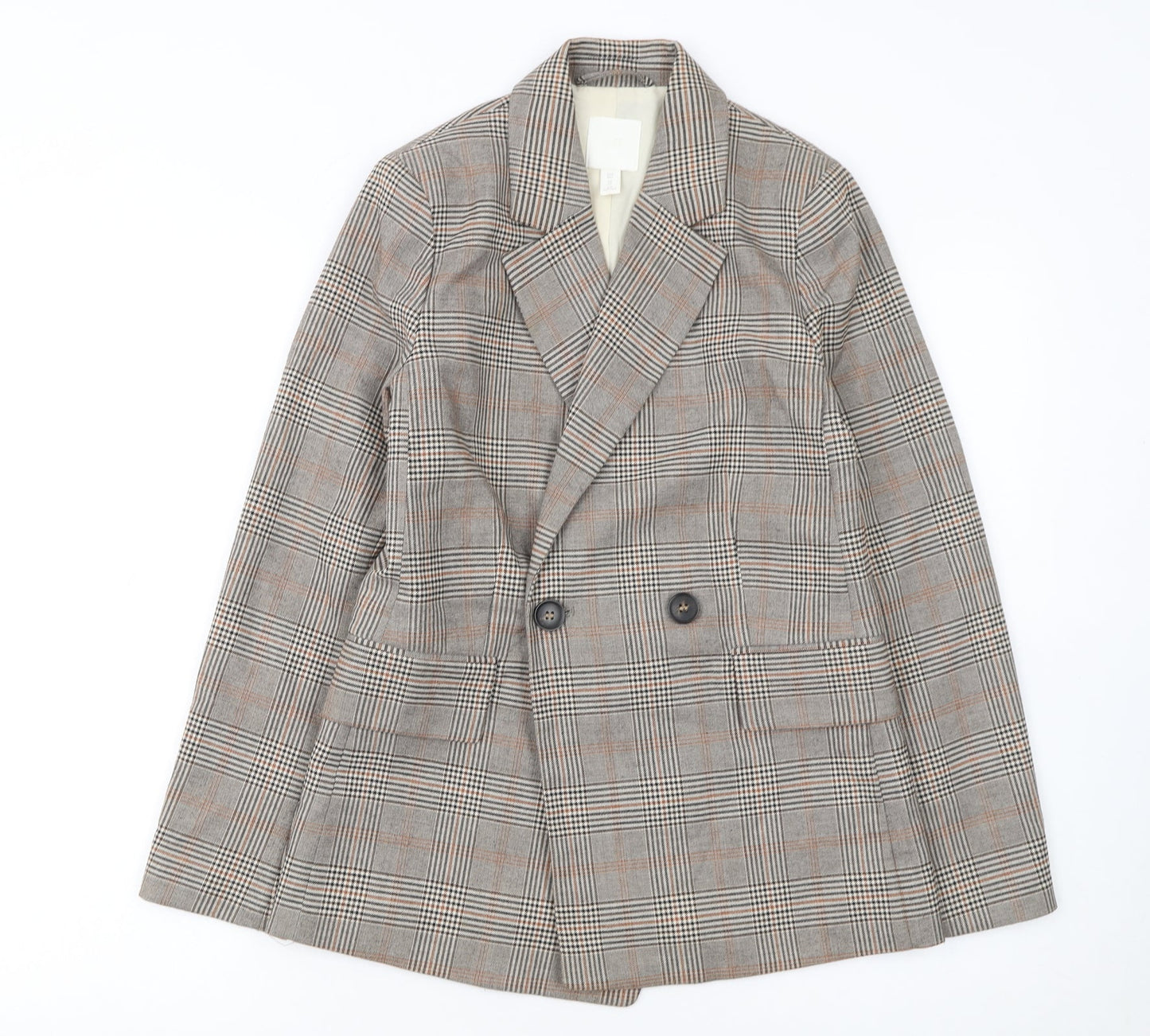 H&M Women's Brown Check Double-Breasted Blazer UK 4P