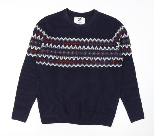 Nordam Men's Blue Fair Isle Knit Crew Neck Jumper Size M