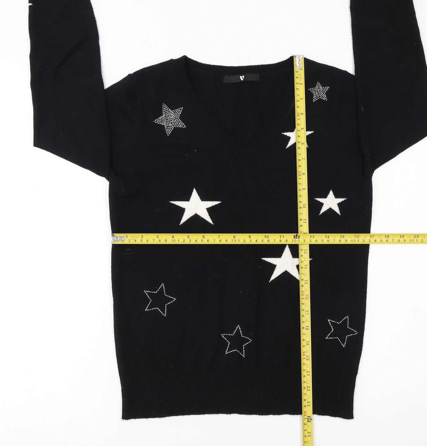 Very Women Black Star Embellished V-Neck Long Sleeve Jumper Size 8
