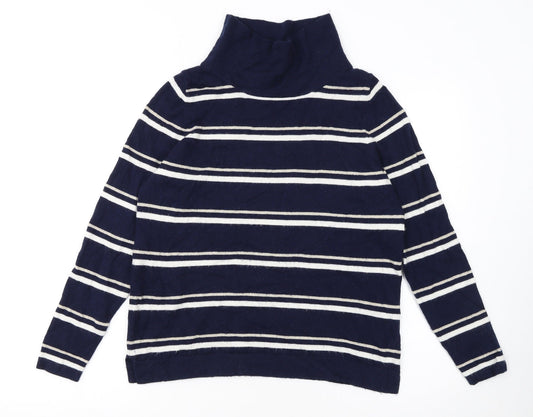 Pure Collection Women's Blue Striped Roll Neck Wool Jumper Size 10