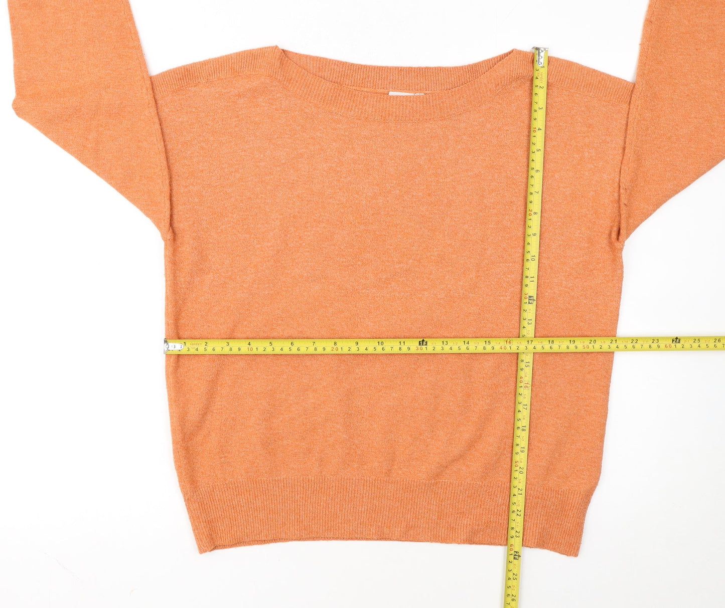 ICHI Women Orange Pullover Jumper M Boat Neck 3/4 Sleeve Knit