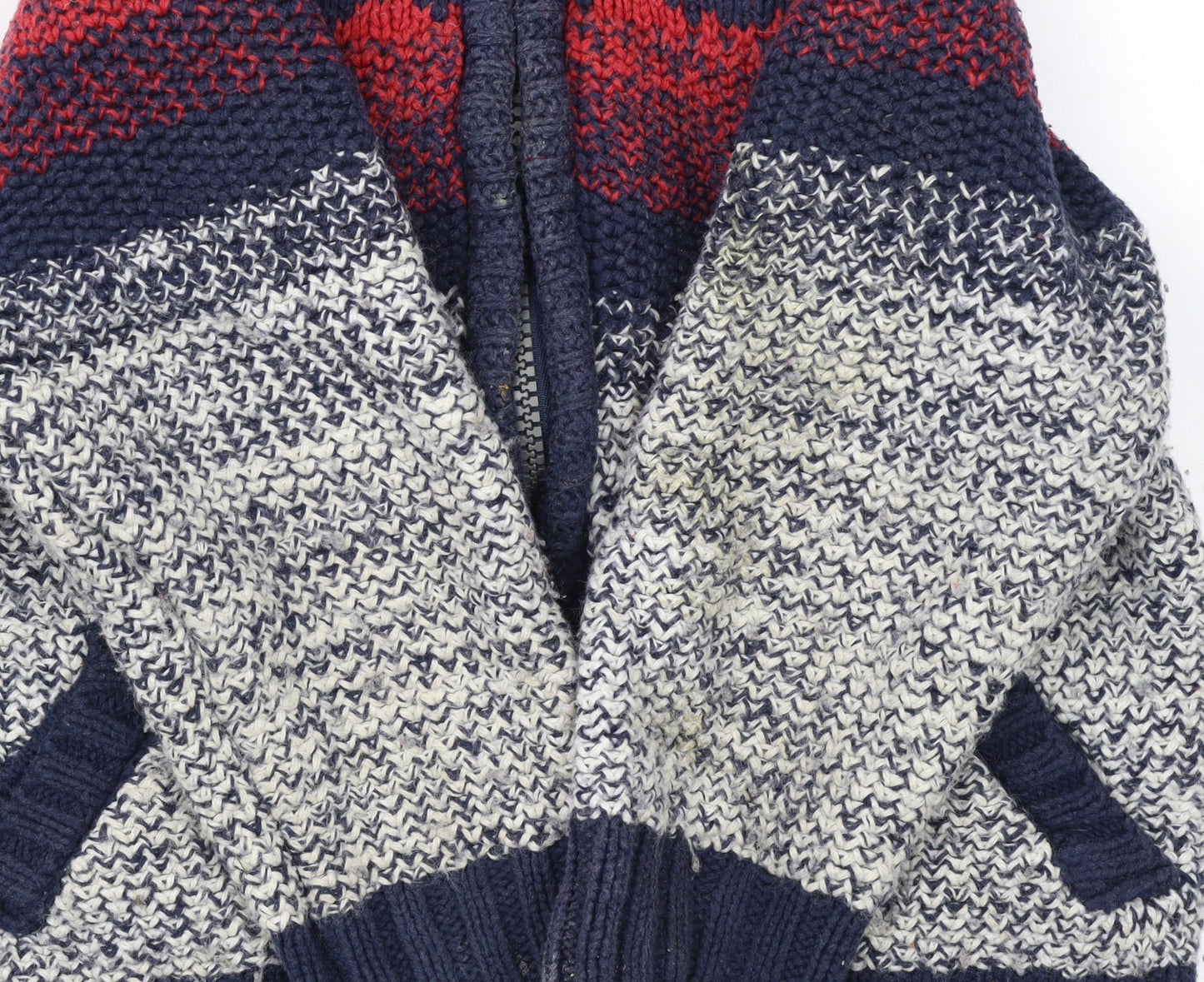 FatFace Boys Red Blue Fair Isle Hooded Full Zip Cardigan 2-3 Years Winter Knit