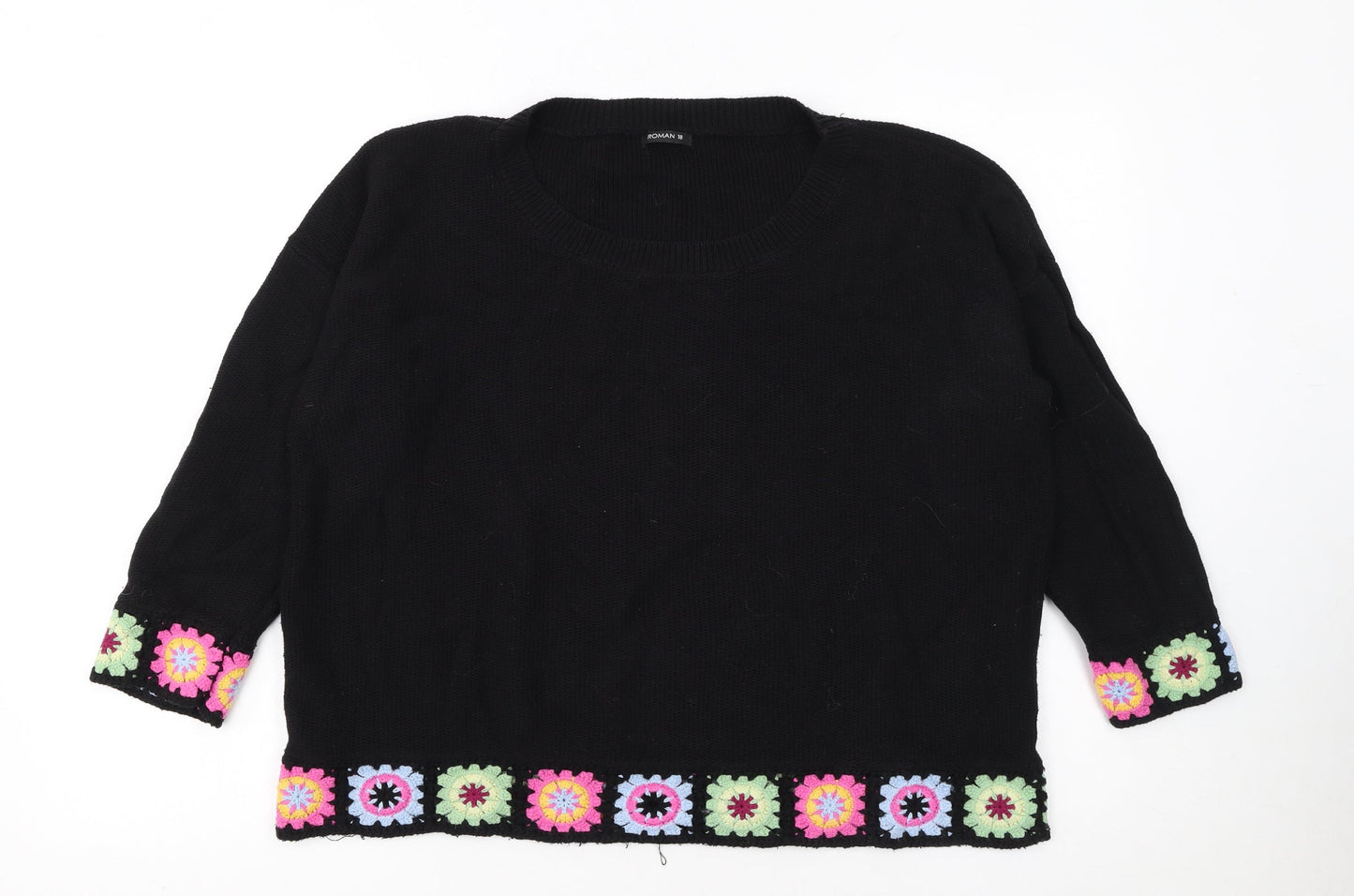 Roman Women Black 18 Crochet Trim Jumper 3/4 Sleeve Boho Knit