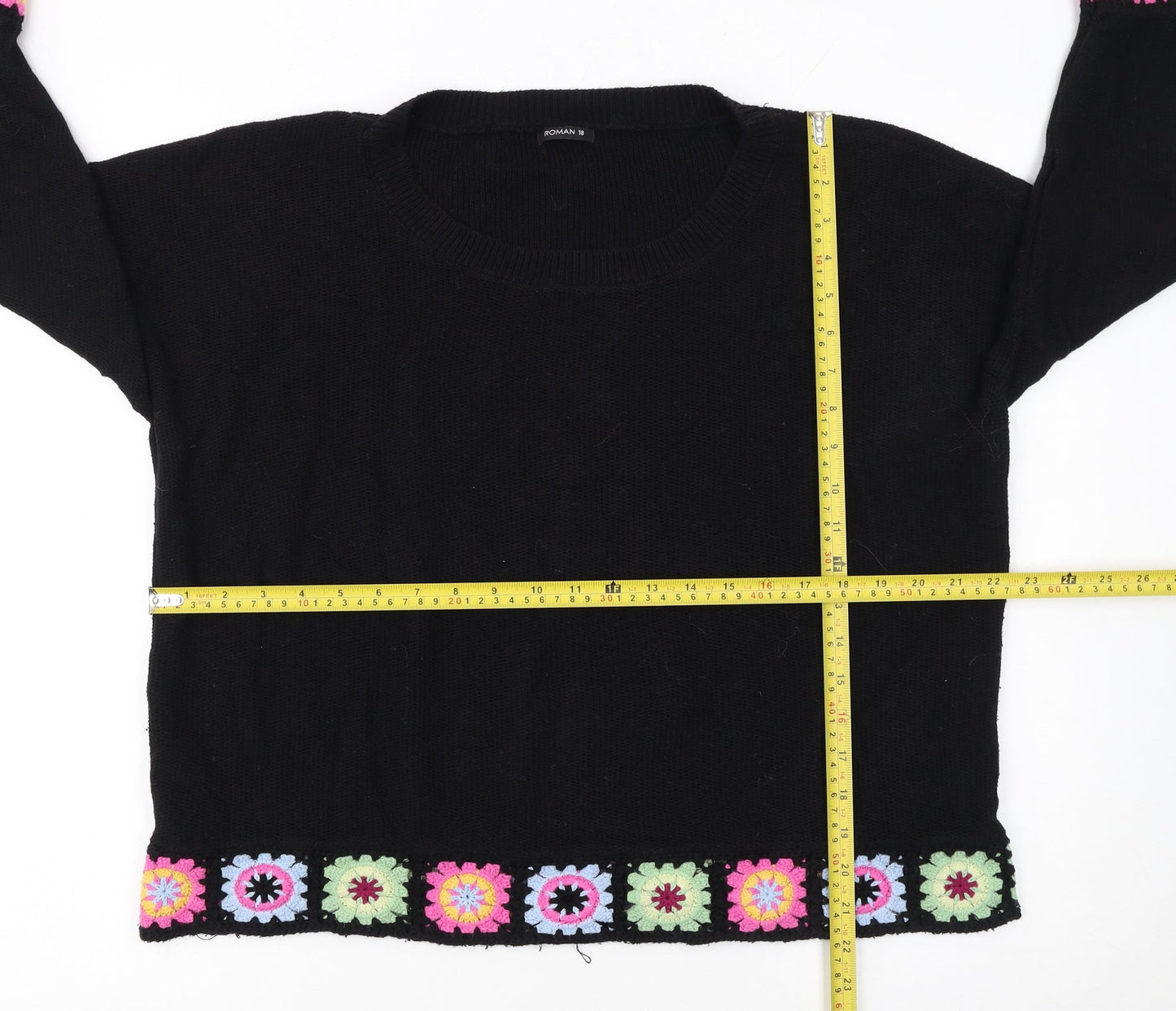 Roman Women Black 18 Crochet Trim Jumper 3/4 Sleeve Boho Knit