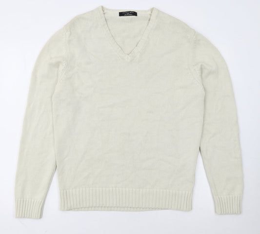 Zara Man Ivory Cotton V-Neck Pullover Jumper L Mens Knitwear