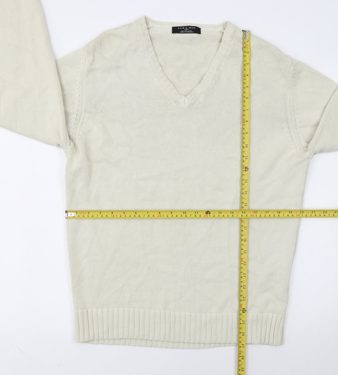 Zara Man Ivory Cotton V-Neck Pullover Jumper L Mens Knitwear