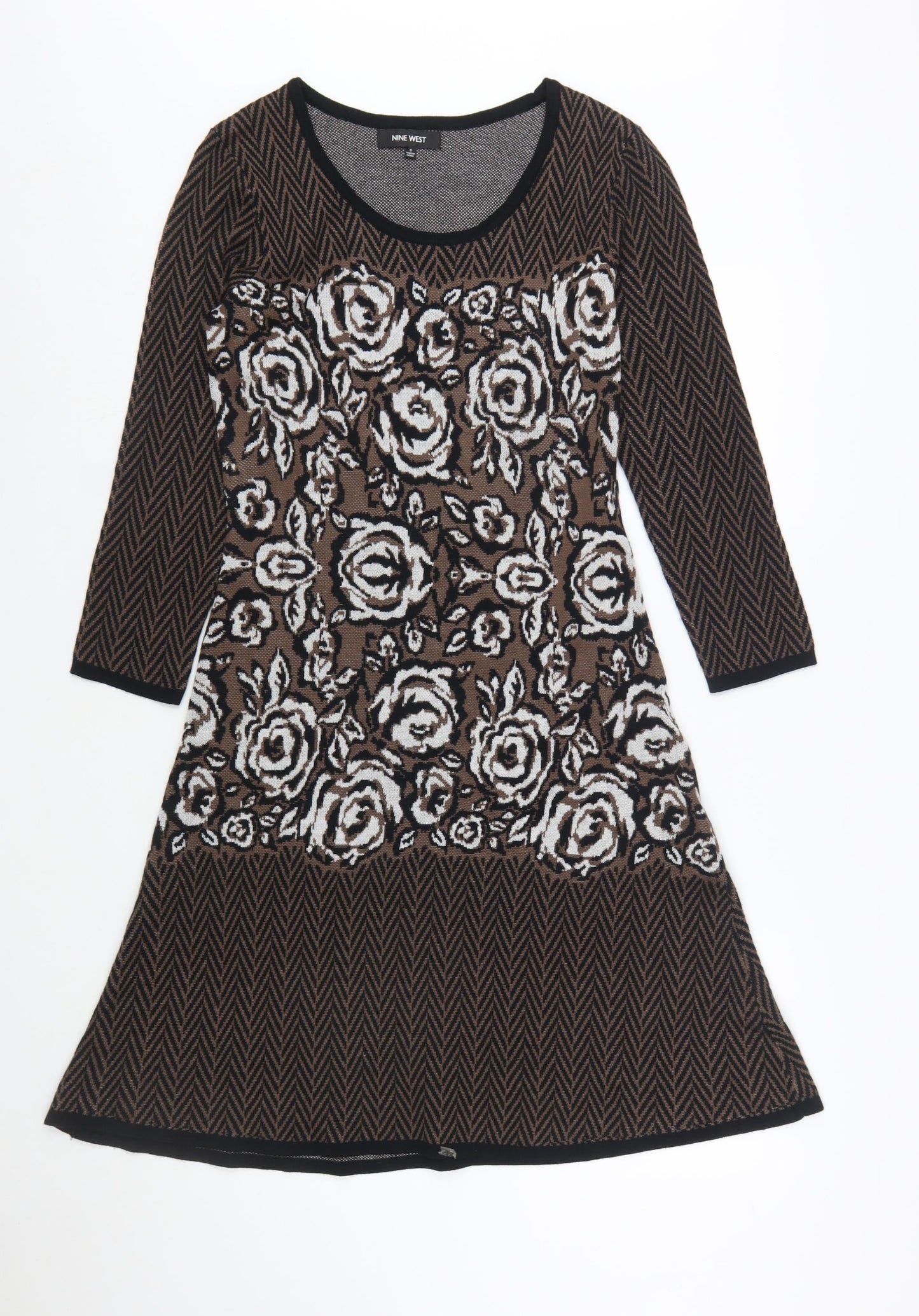 Nine West Women's Brown Floral Knit A-Line Dress Size S