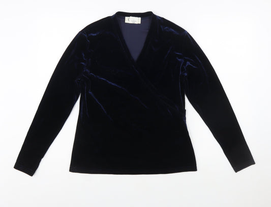 Cleo Women's Blue Velvet Wrap Blouse Size S Long Sleeve
