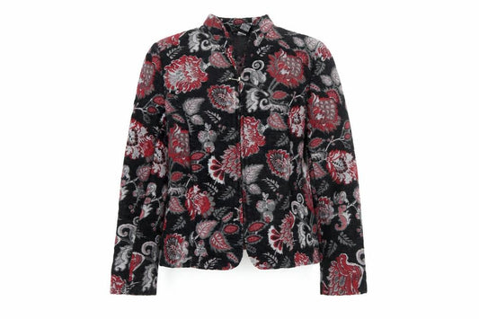 Portrait Women Black Red Floral Jacquard Suit Jacket Large