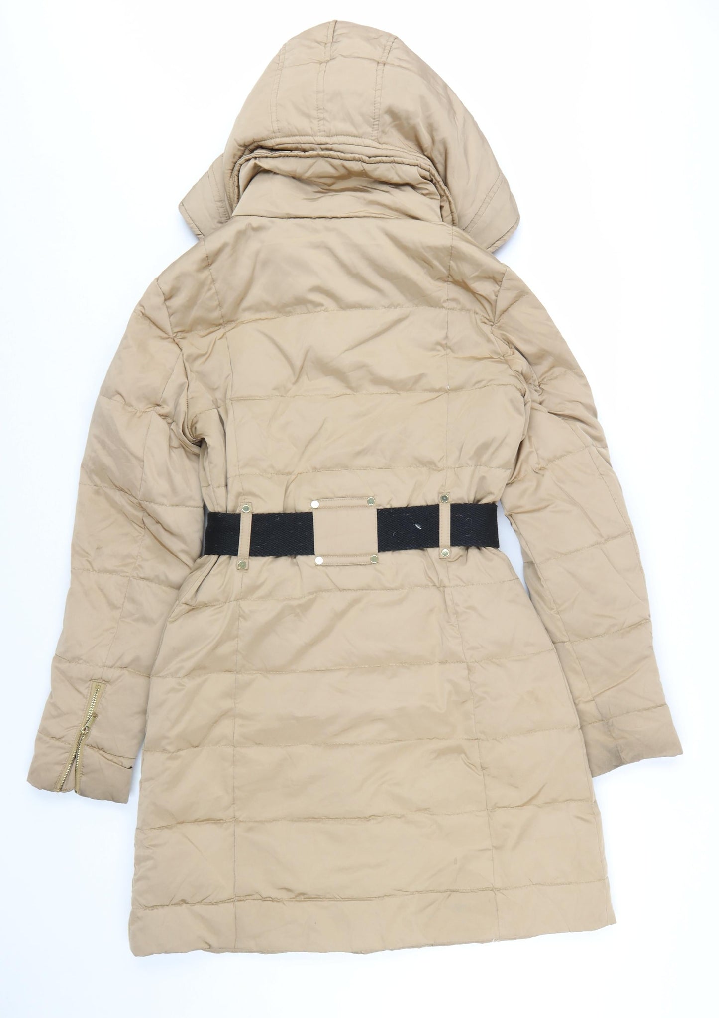 Mango Women Beige Belted Hooded Long Puffer Coat Size S
