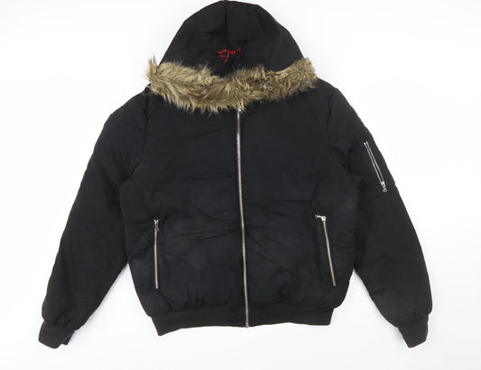 Couture Men’s Black Faux Fur Hooded Bomber Jacket Size L