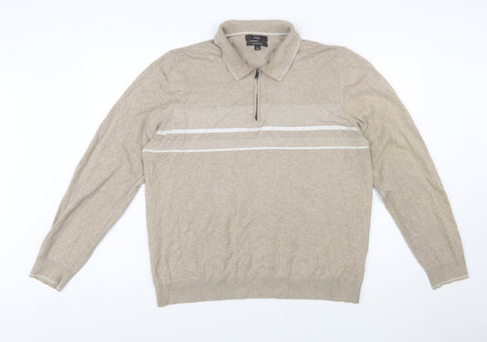 Marks and Spencer Men’s Beige Cotton 1/2 Zip Collared Jumper XL