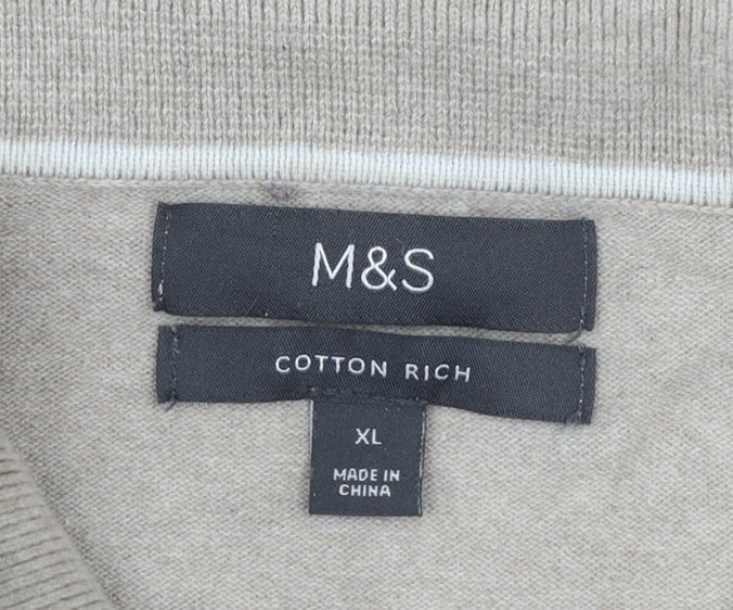 Marks and Spencer Men’s Beige Cotton 1/2 Zip Collared Jumper XL