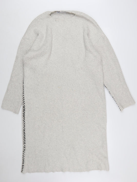 Zara Women Beige Knit Jumper Dress Size S Crew Neck Long Sleeve