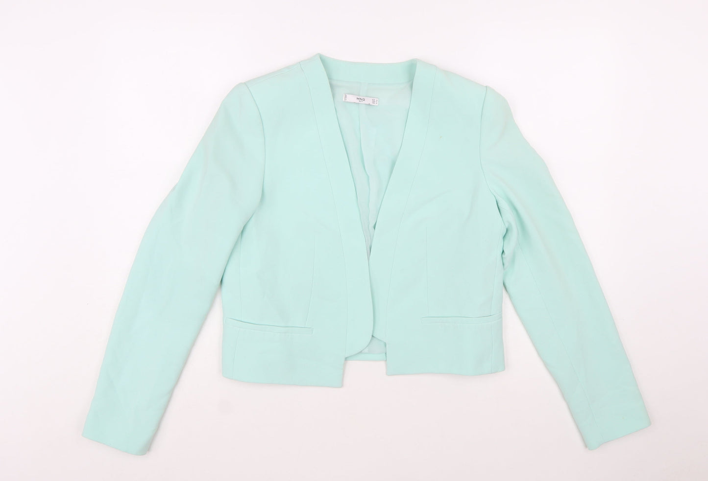 Mango Women Mint Green Cropped Blazer Jacket Size 12 Polyester Blend