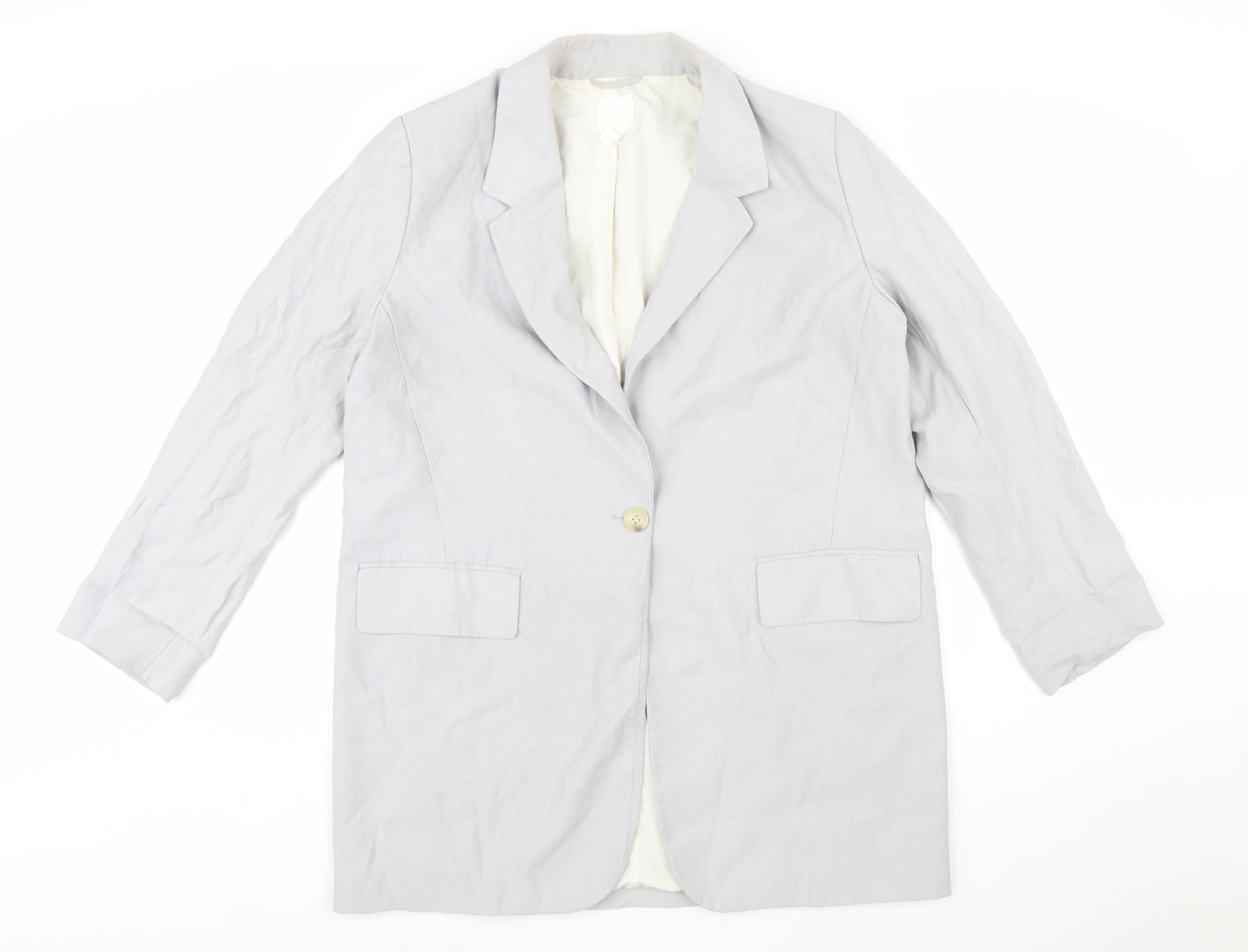 H&M Women’s Grey Linen Blend Single-Breasted Blazer Size 12
