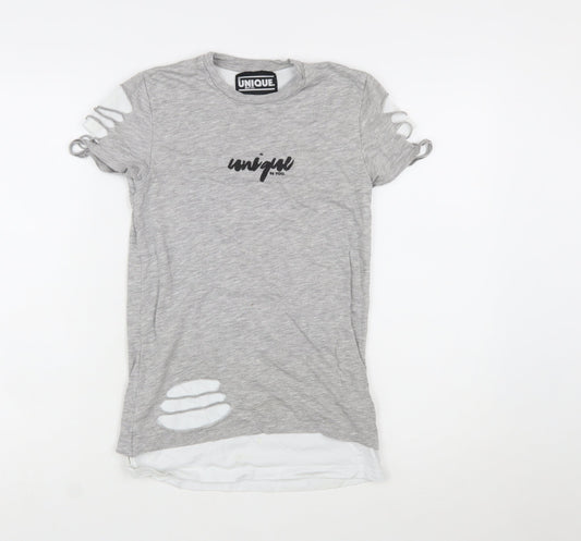 Unique Be You Womens Grey Distressed Short Sleeve T-Shirt 2XS