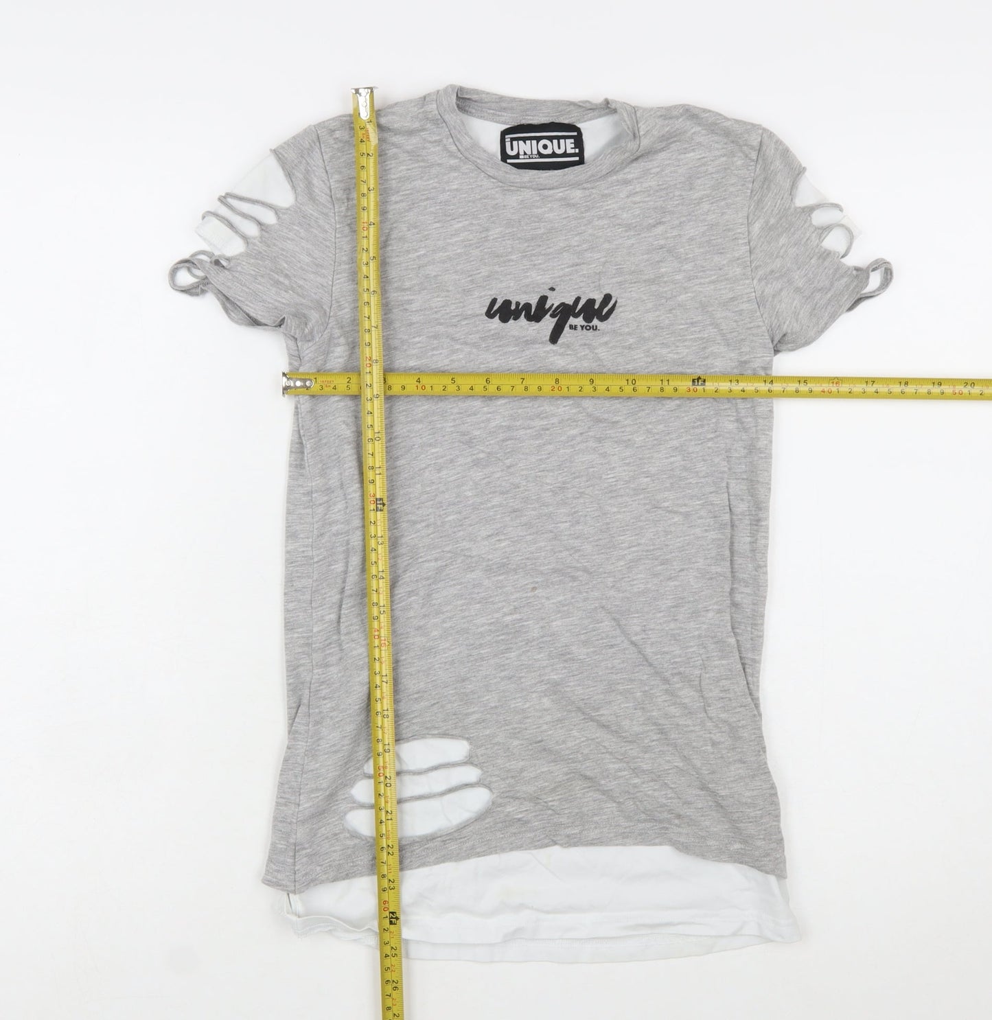 Unique Be You Womens Grey Distressed Short Sleeve T-Shirt 2XS