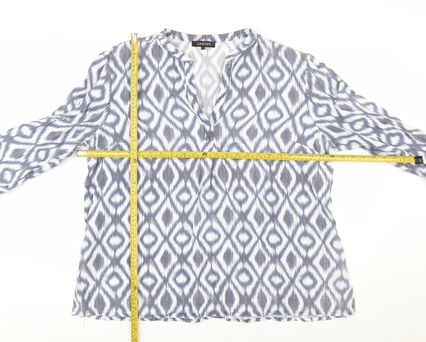 Jaeger Women Blue Geometric Viscose Long Sleeve Tunic Blouse Size 18