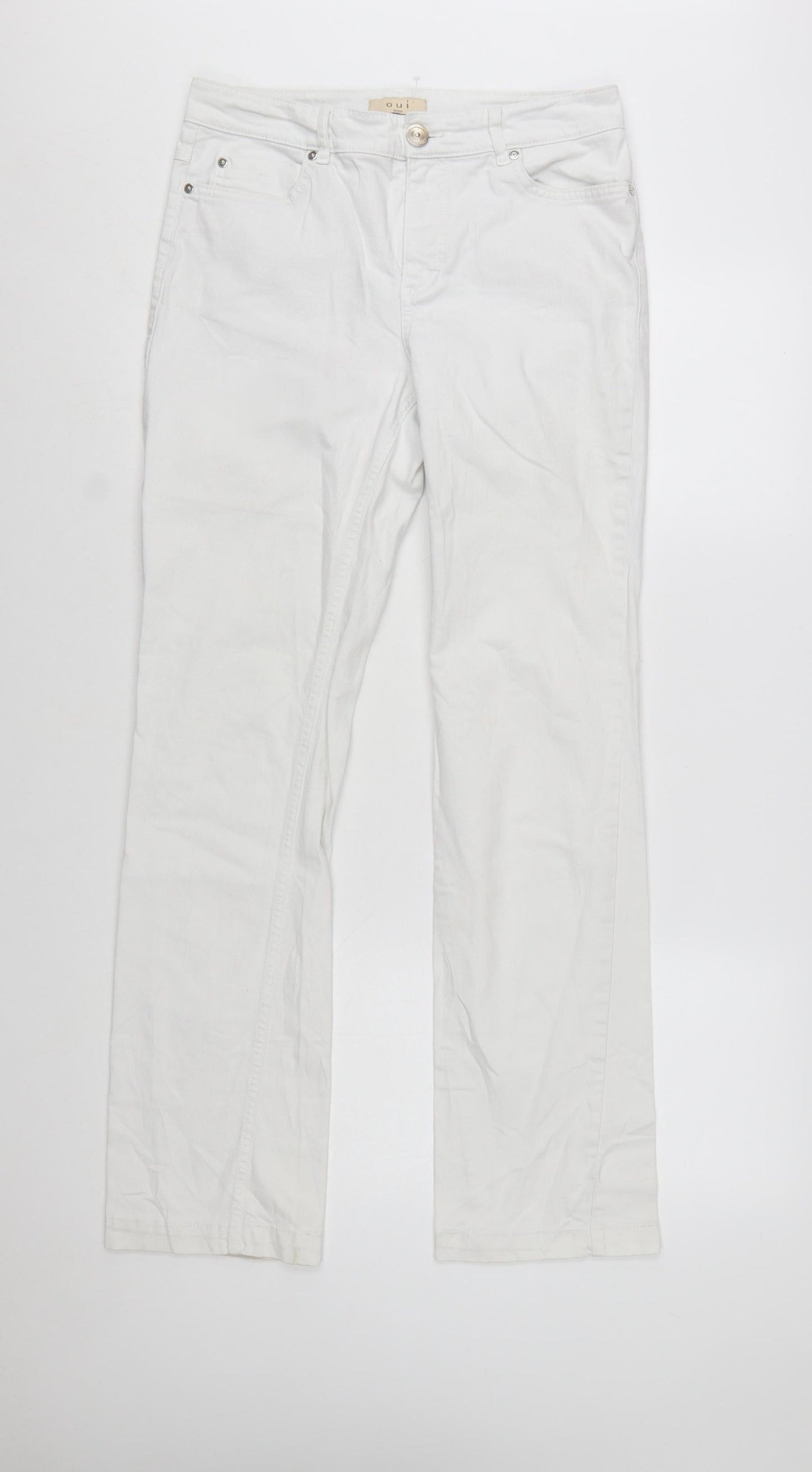 Oui Women White Straight Denim Jeans Size 14 Stretch Cotton