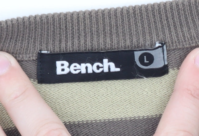 Bench Men Brown Striped Cotton Crew Neck Jumper Size L