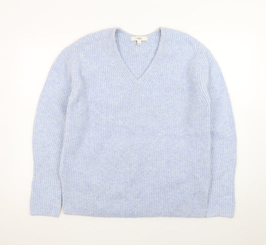 Marks and Spencer Women's Blue V-Neck Ribbed Knit Jumper Size S