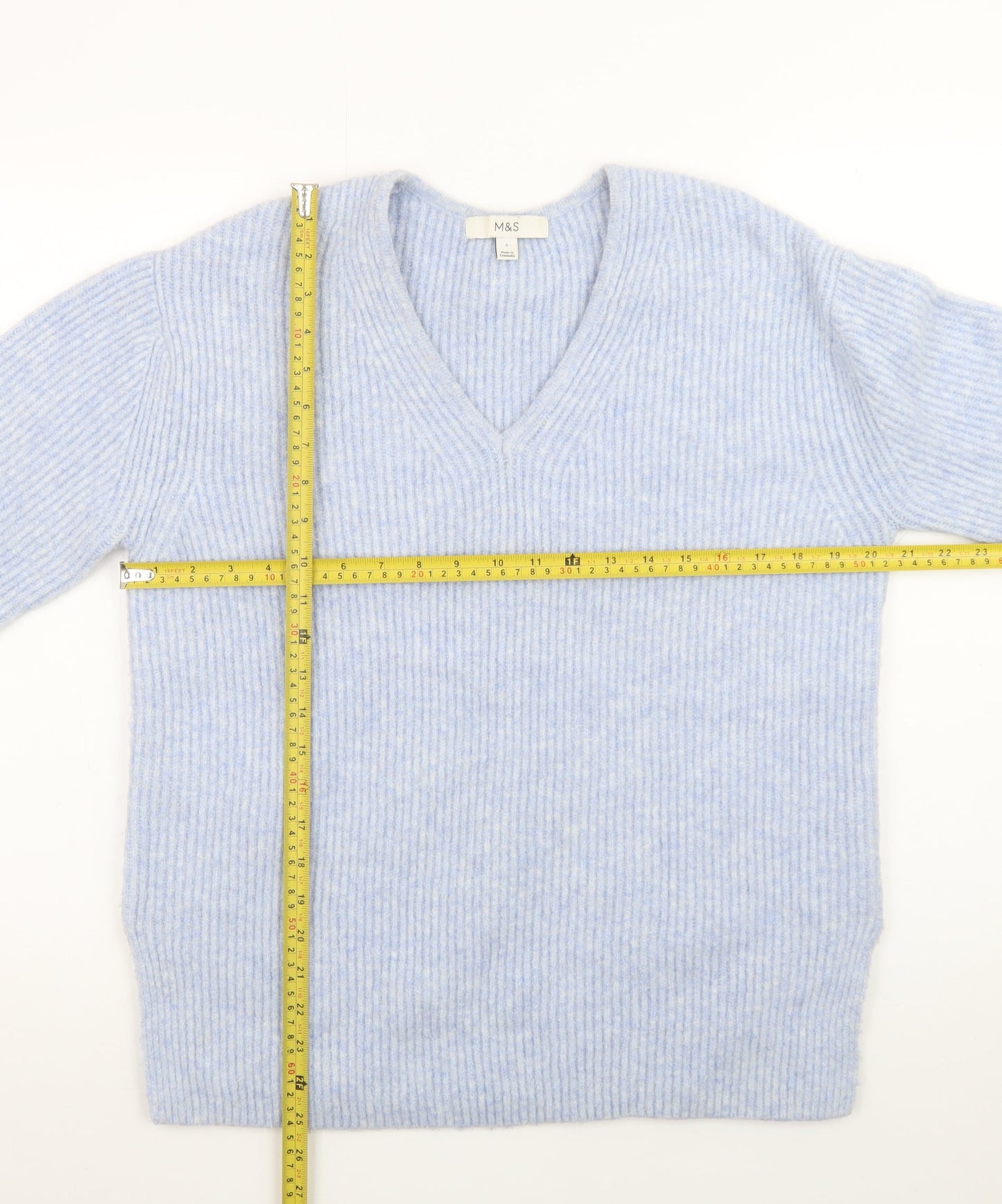 Marks and Spencer Women's Blue V-Neck Ribbed Knit Jumper Size S