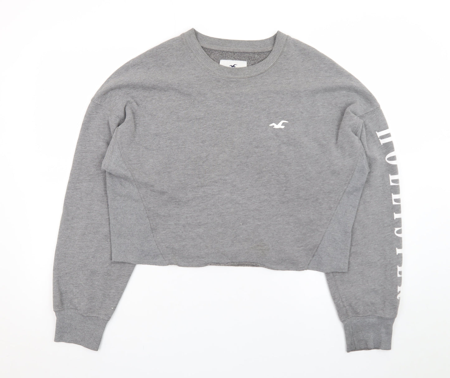 Hollister Women Grey Cropped Pullover Sweatshirt L Logo Crew Neck