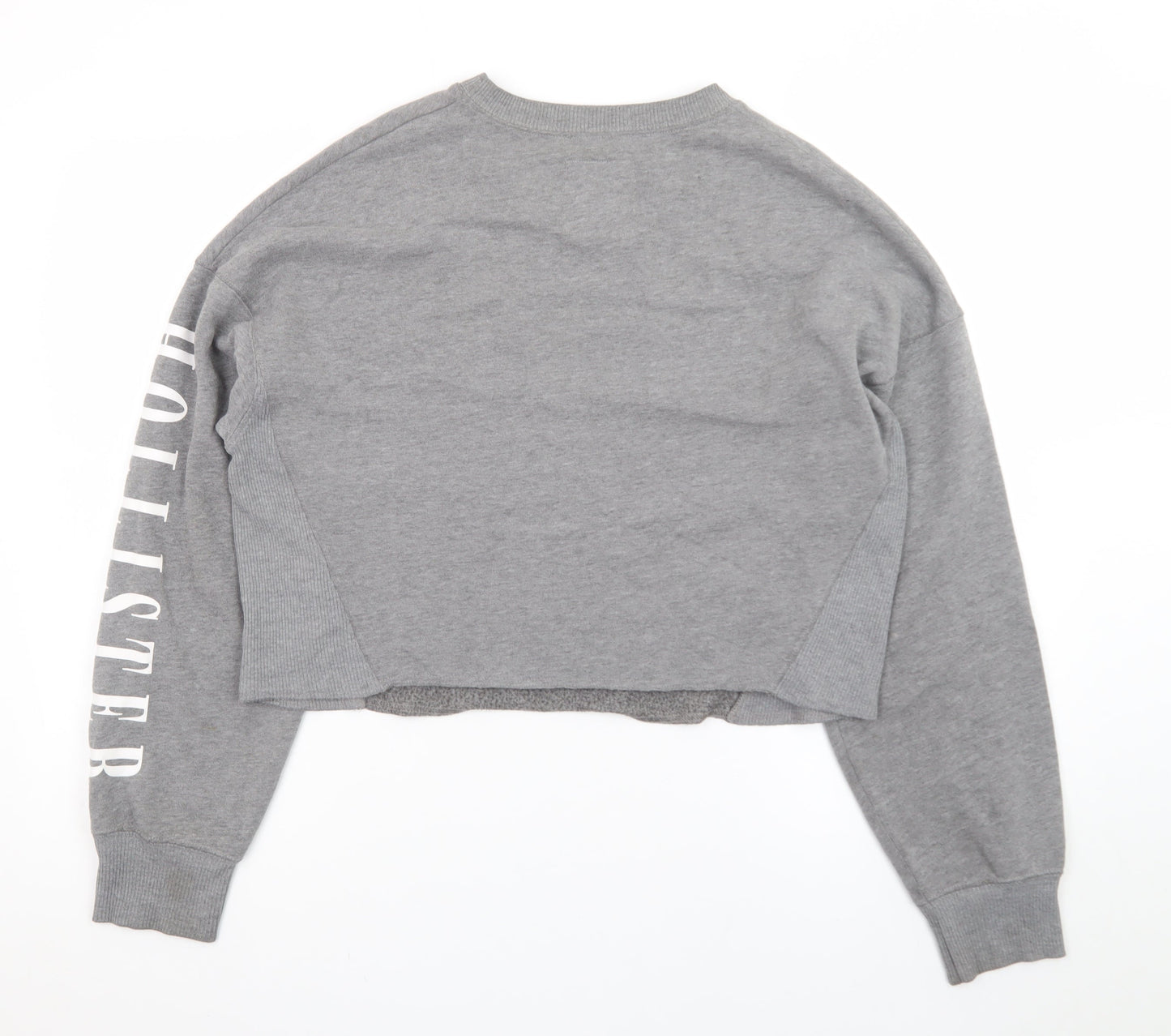 Hollister Women Grey Cropped Pullover Sweatshirt L Logo Crew Neck