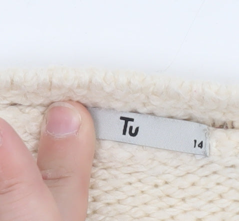 Tu Women Cream Multicoloured Knit Jumper Size 14 Crew Neck