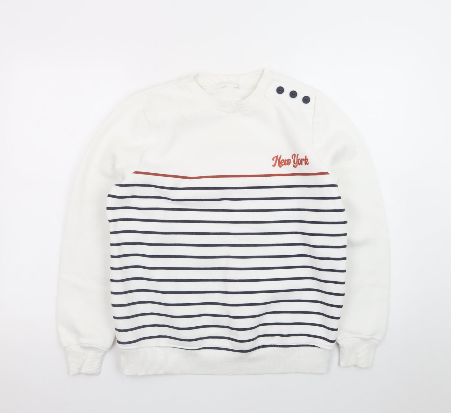 M&Co Women White Striped Crew Neck Button Sweatshirt Size 10 UK