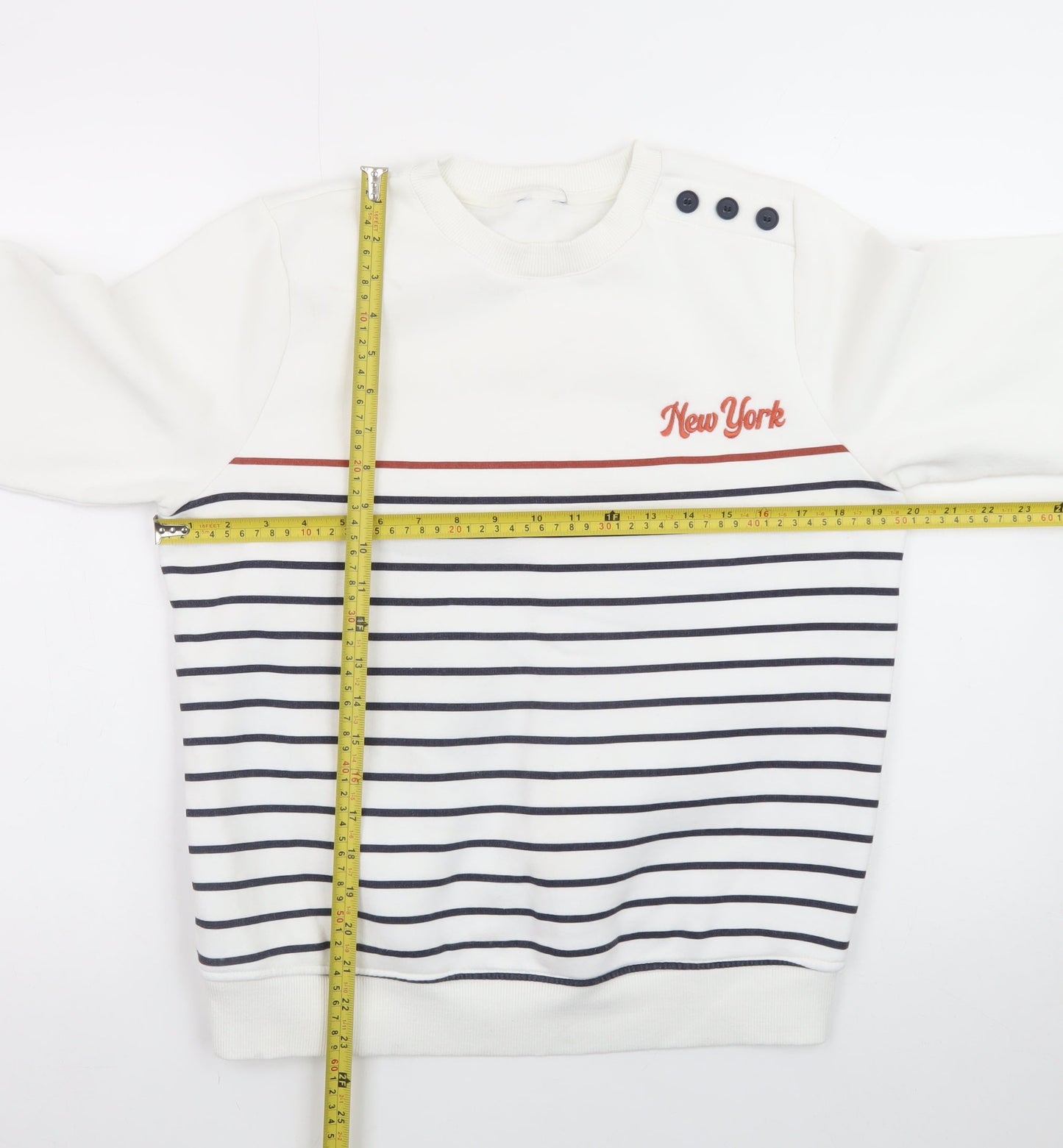 M&Co Women White Striped Crew Neck Button Sweatshirt Size 10 UK