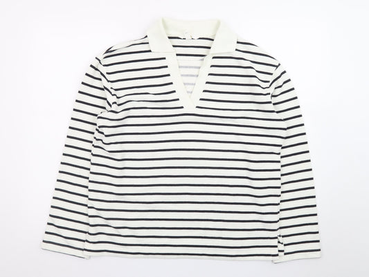 H&M Women's White Striped V-Neck Long Sleeve Cotton T-Shirt Size S