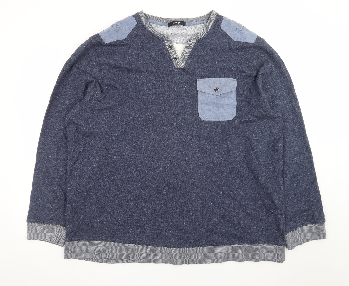 George Men's Blue 3XL Long Sleeve Henley Cotton T-Shirt