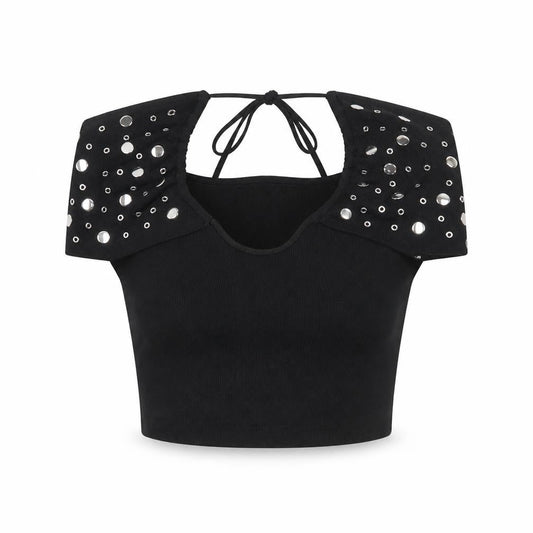 White Fox Women's Black Studded Halter Cropped Top Size S