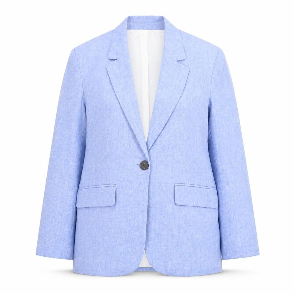 Zara Women Blue Linen Blend Single-Breasted Blazer Size 8