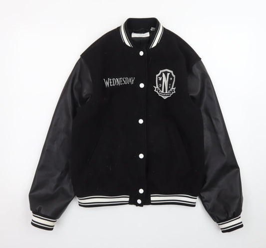 H&M Girls Black Wednesday Addams Varsity Jacket 12-13 Years Lined Casual