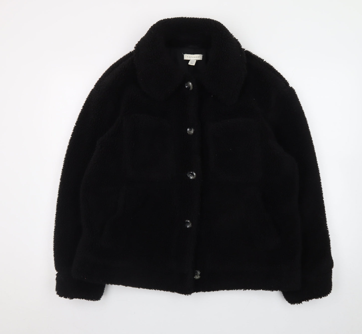 Topshop Women's Black Fleece Button Jacket M Casual Lined Polyester