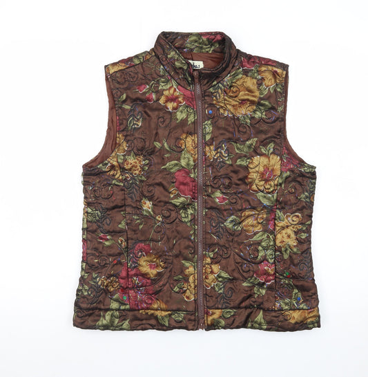 Lebas Women's Brown Floral Quilted Waistcoat M Regular Fit
